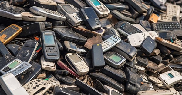 A large pile of old landlines and cellphones